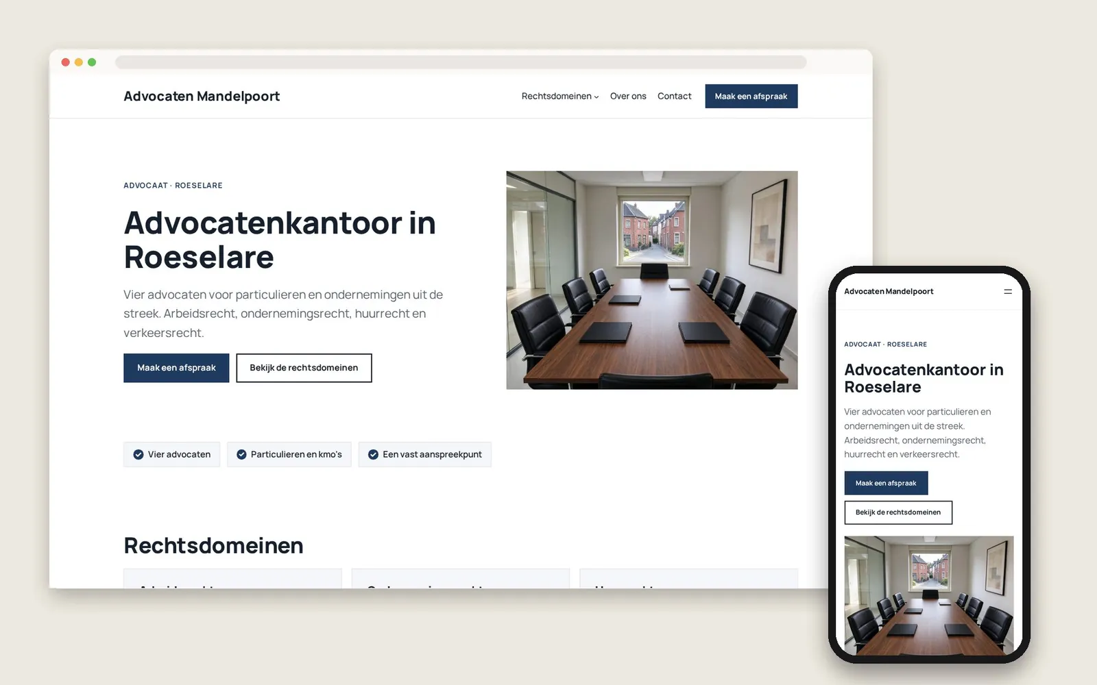 De website van Advocaten Mandelpoort op computer en gsm