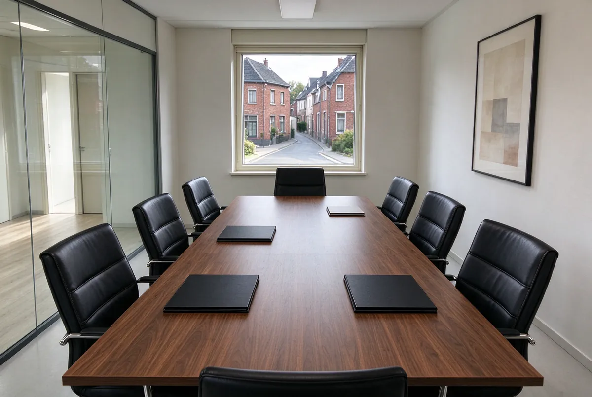 Vergaderzaal van een advocatenkantoor met een lange tafel