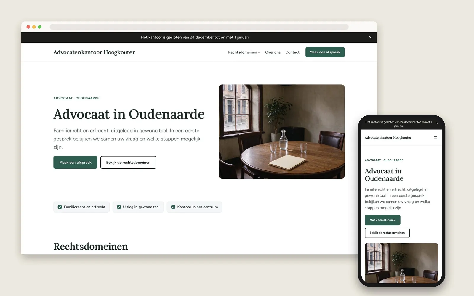 De website van Advocatenkantoor Hoogkouter op computer en gsm
