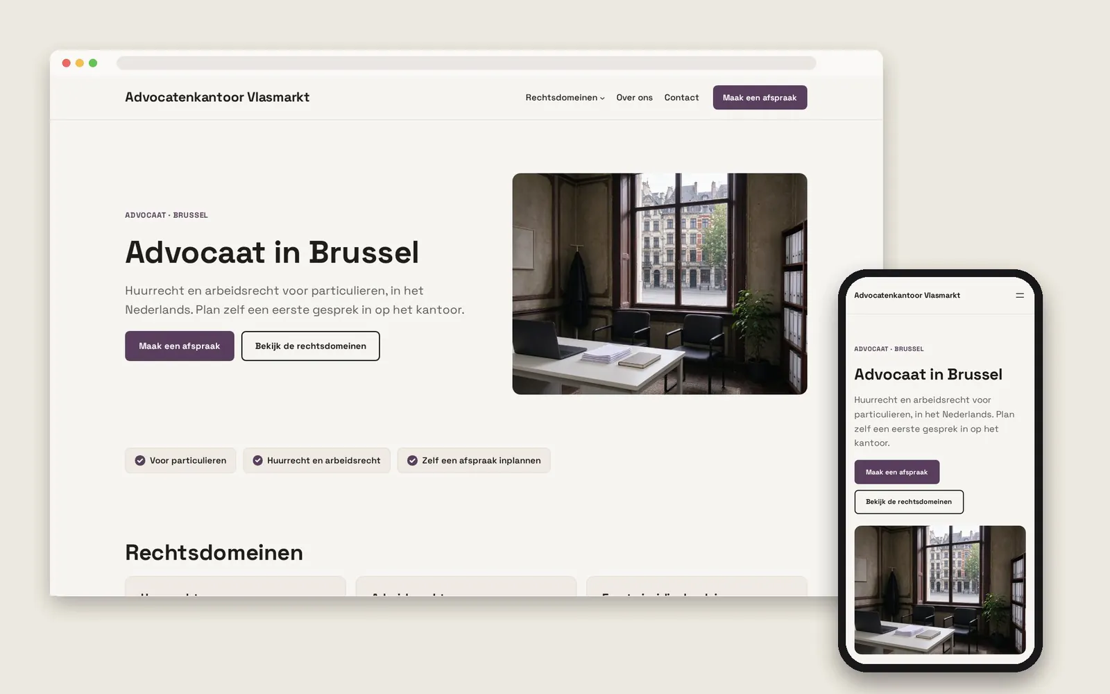 De website van Advocatenkantoor Vlasmarkt op computer en gsm