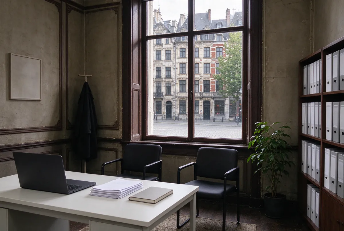 Bureau van een advocate met dossiers en een raam op een Brussels plein