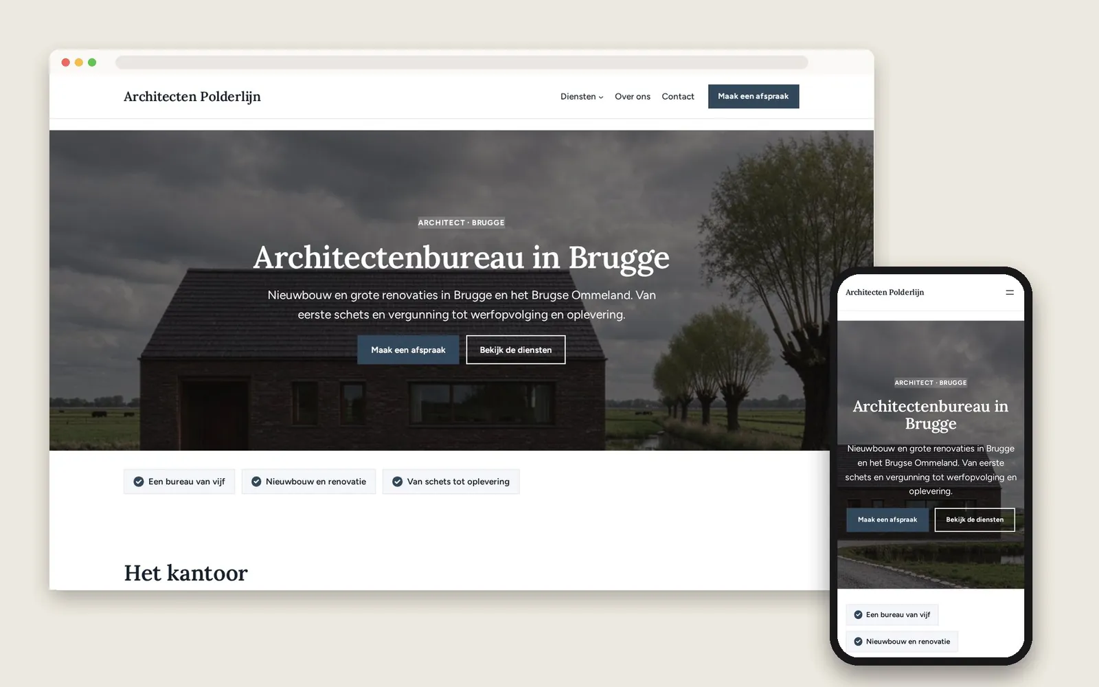 De website van Architecten Polderlijn op computer en gsm