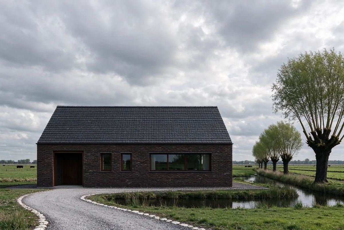 Nieuwbouwwoning met zadeldak in donkere baksteen in de polder