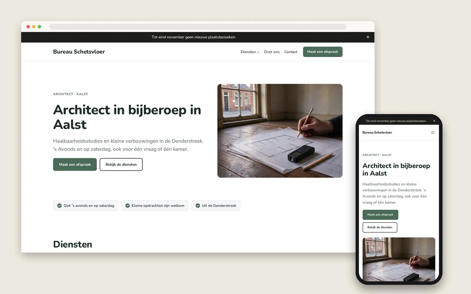 De website van Bureau Schetsvloer op computer en gsm