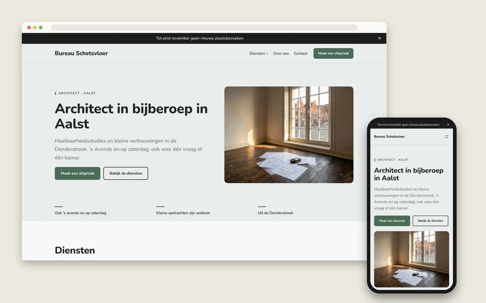De website van Bureau Schetsvloer op computer en gsm