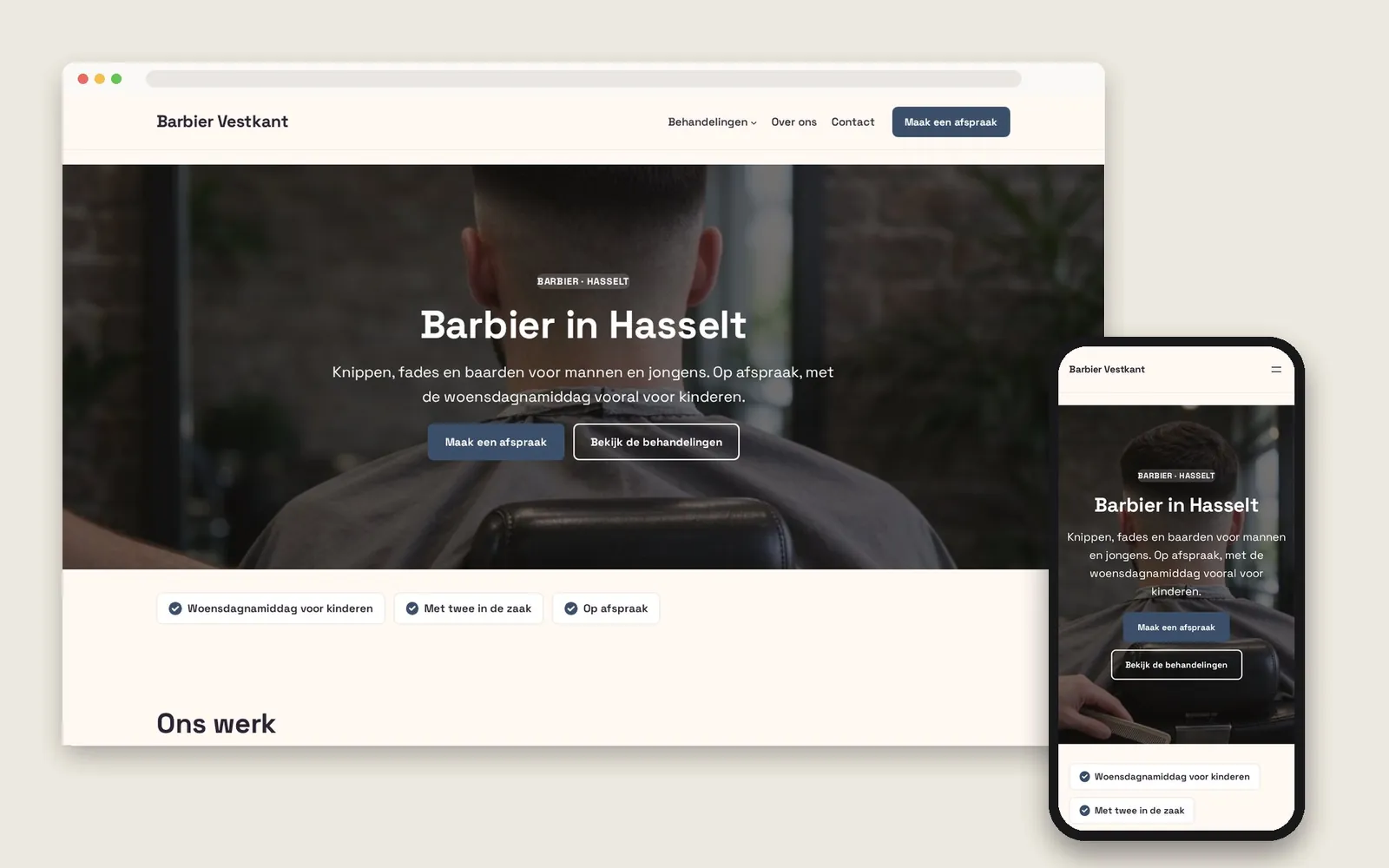 De website van Barbier Vestkant op computer en gsm