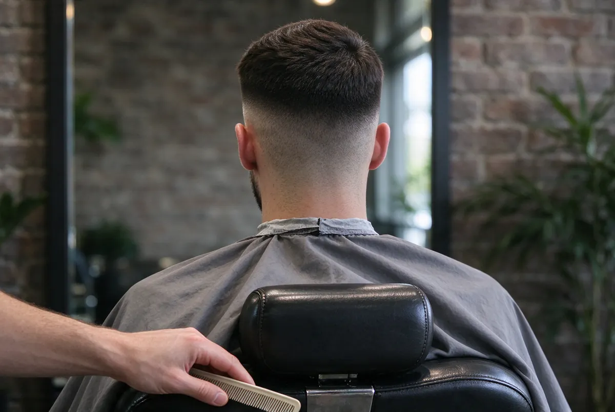 Korte fade bij een klant, van achteren gezien