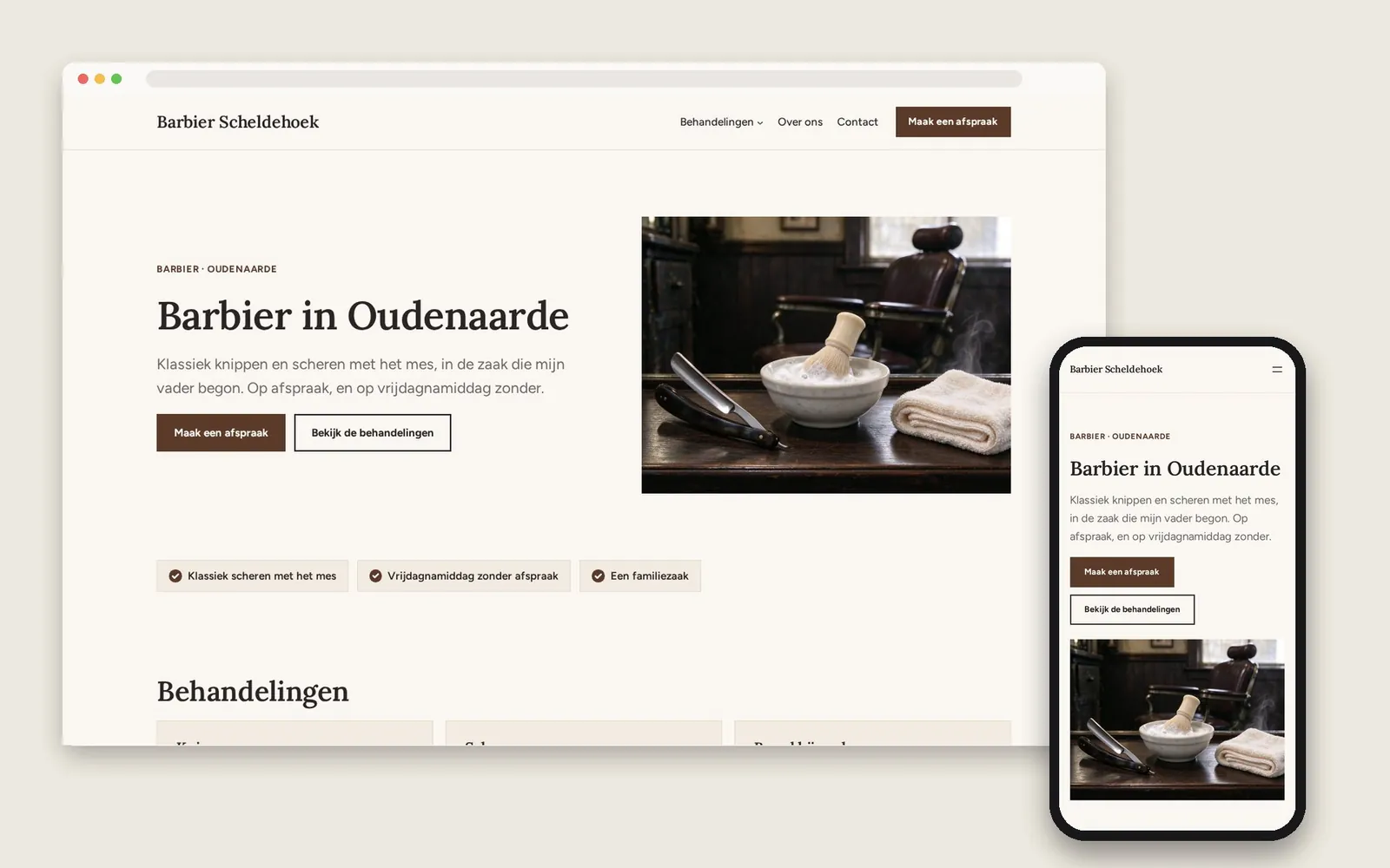 De website van Barbier Scheldehoek op computer en gsm