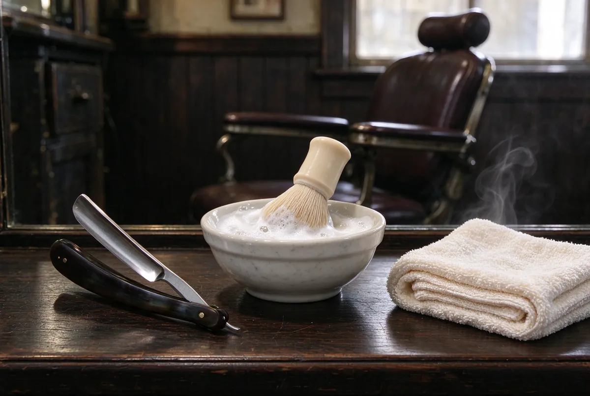 Scheermes, kwast en warme handdoek op een houten toog