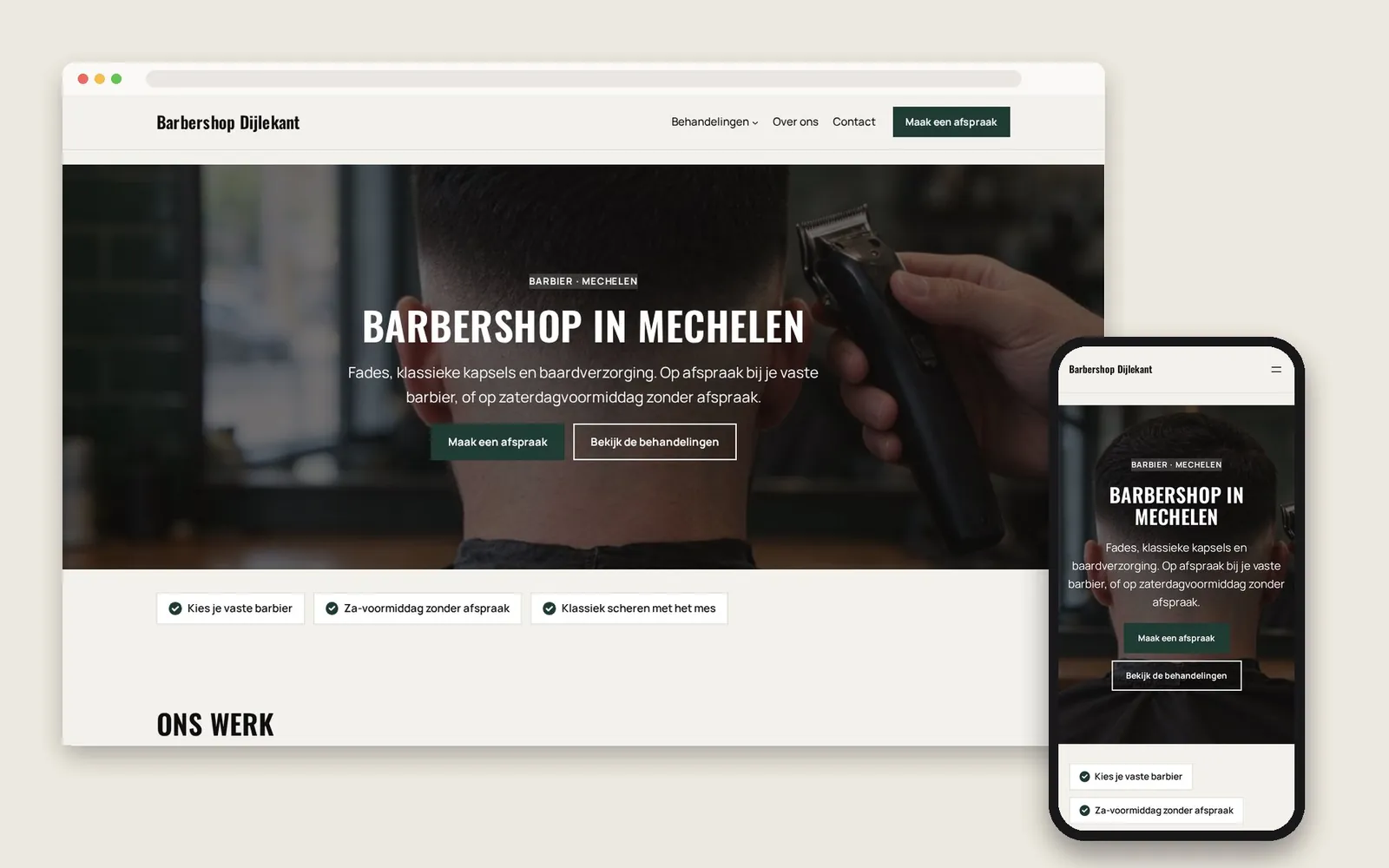 De website van Barbershop Dijlekant op computer en gsm