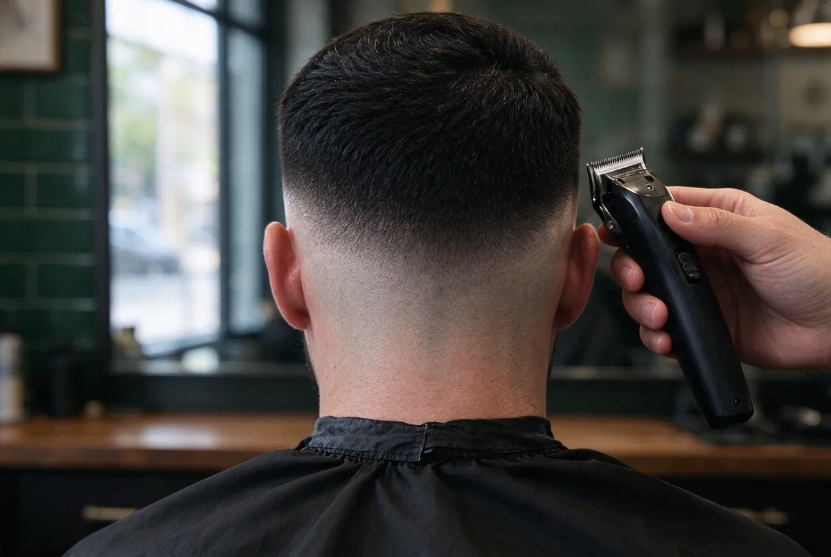 Skin fade met een strakke lijn in de nek