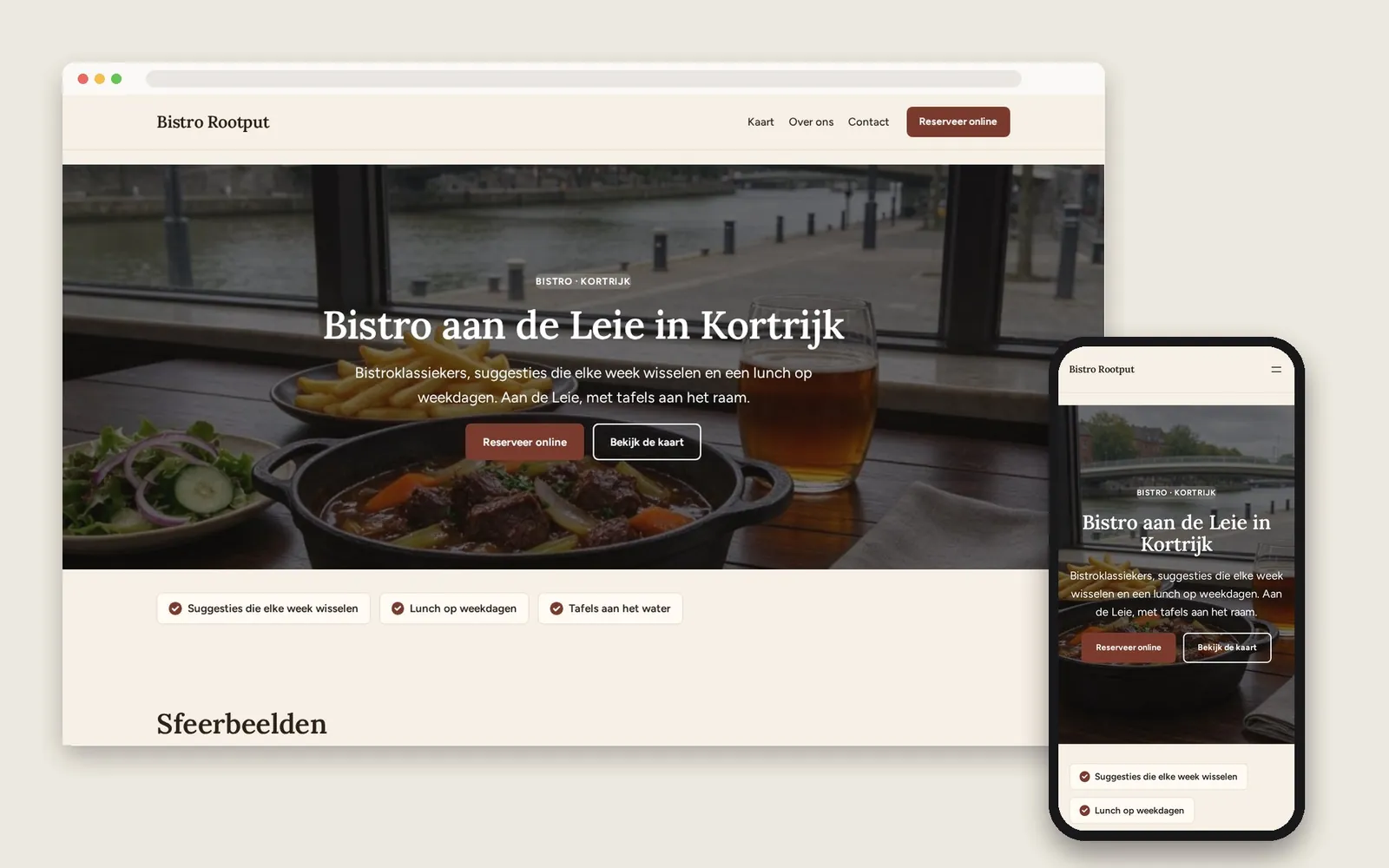De website van Bistro Rootput op computer en gsm