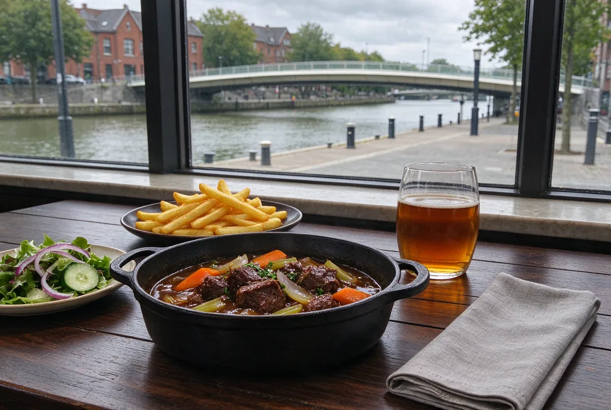 Stoofpotje op een bistrotafel aan het raam, met de Leie op de achtergrond