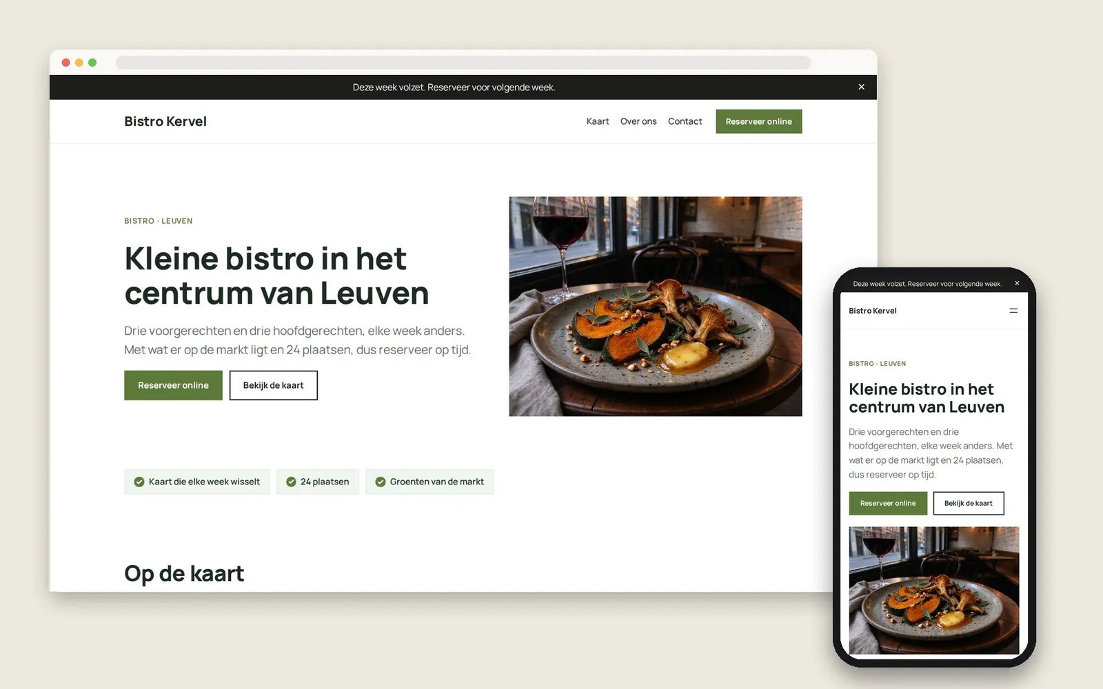 De website van Bistro Kervel op computer en gsm