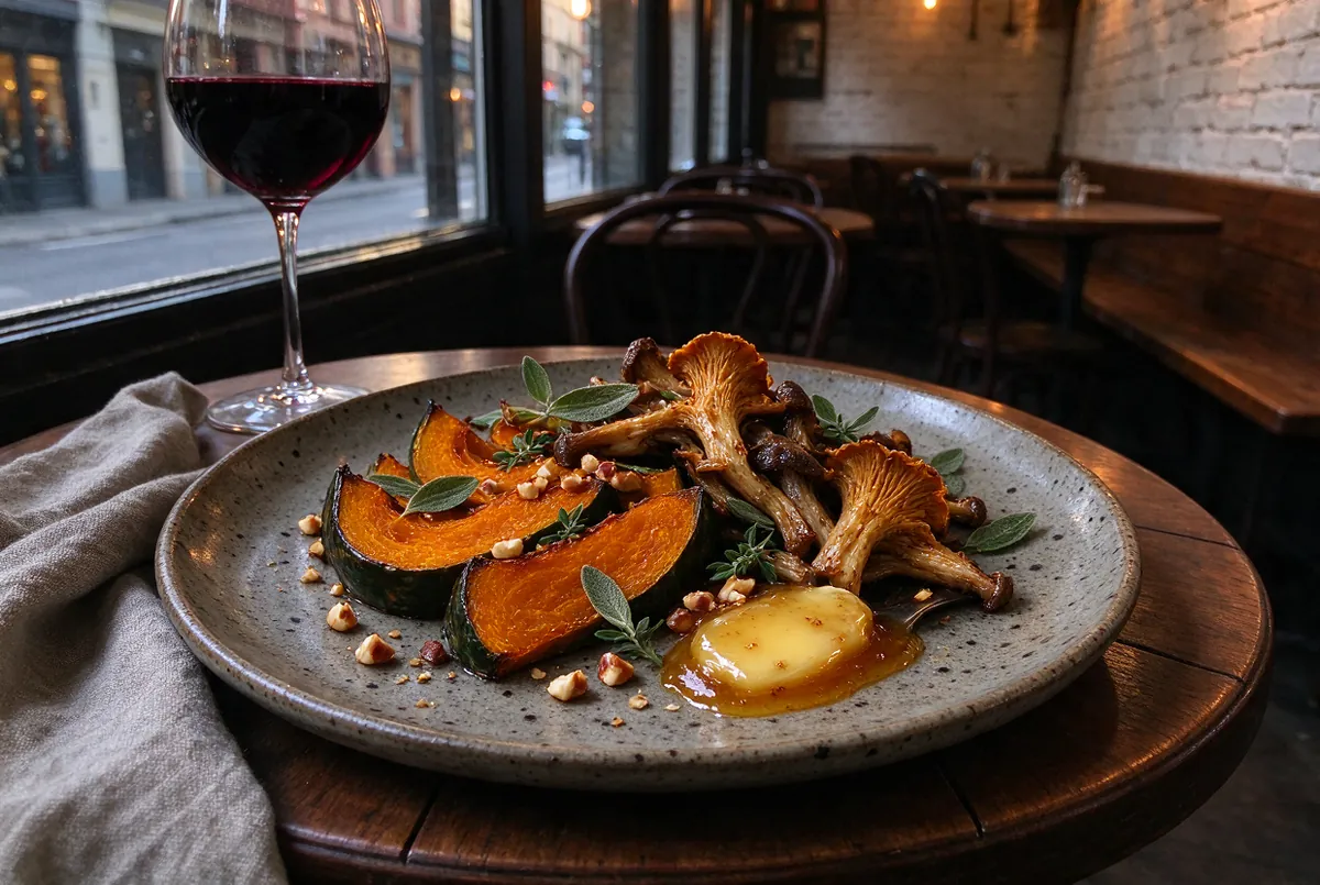 Herfstgerecht met pompoen en paddenstoelen op een houten bistrotafel