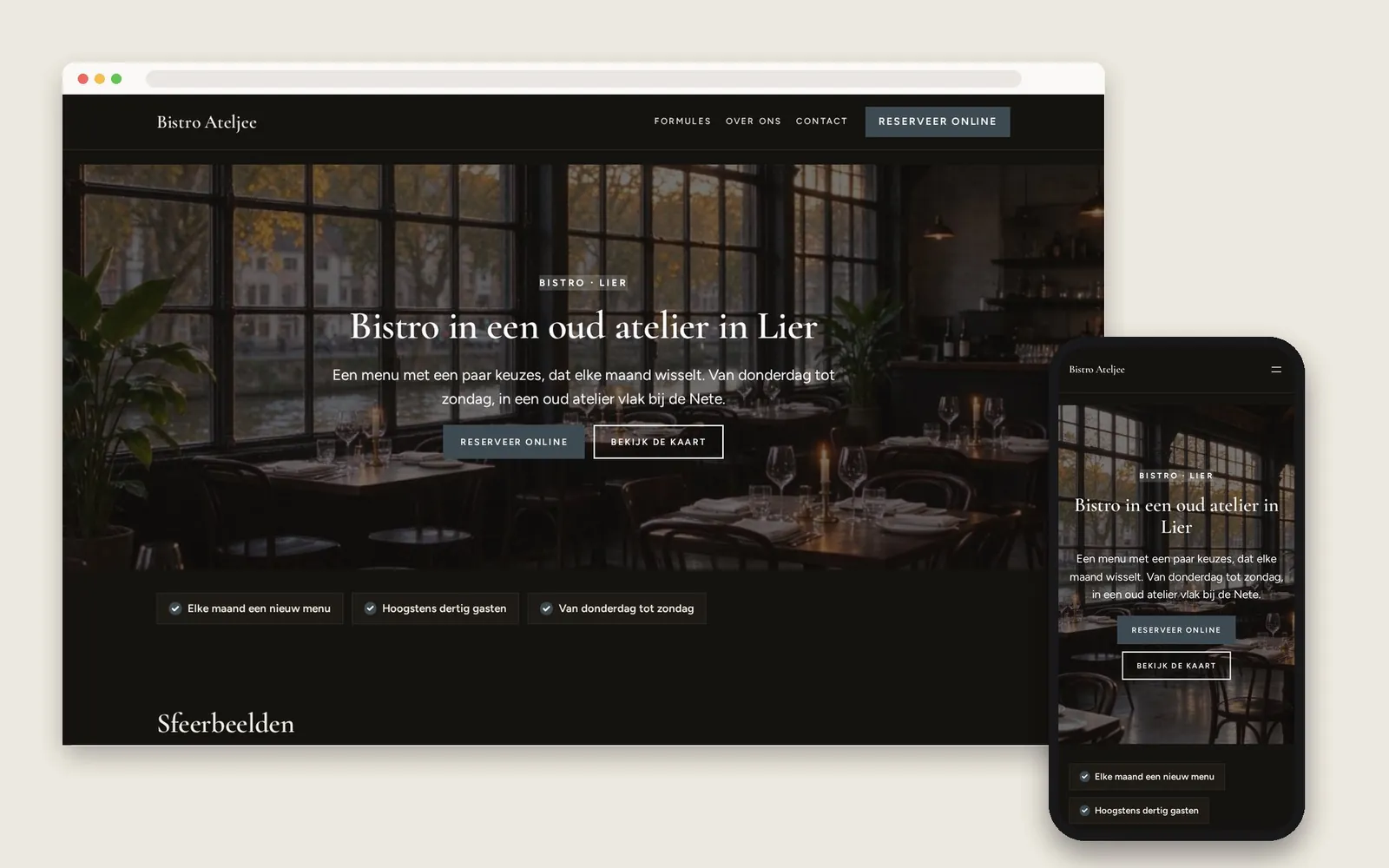 De website van Bistro Ateljee op computer en gsm