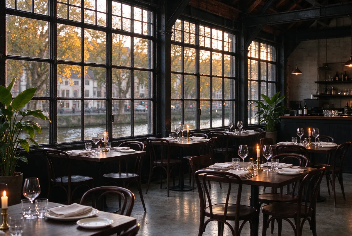 Gedekte tafels in een oud atelier met hoge stalen ramen