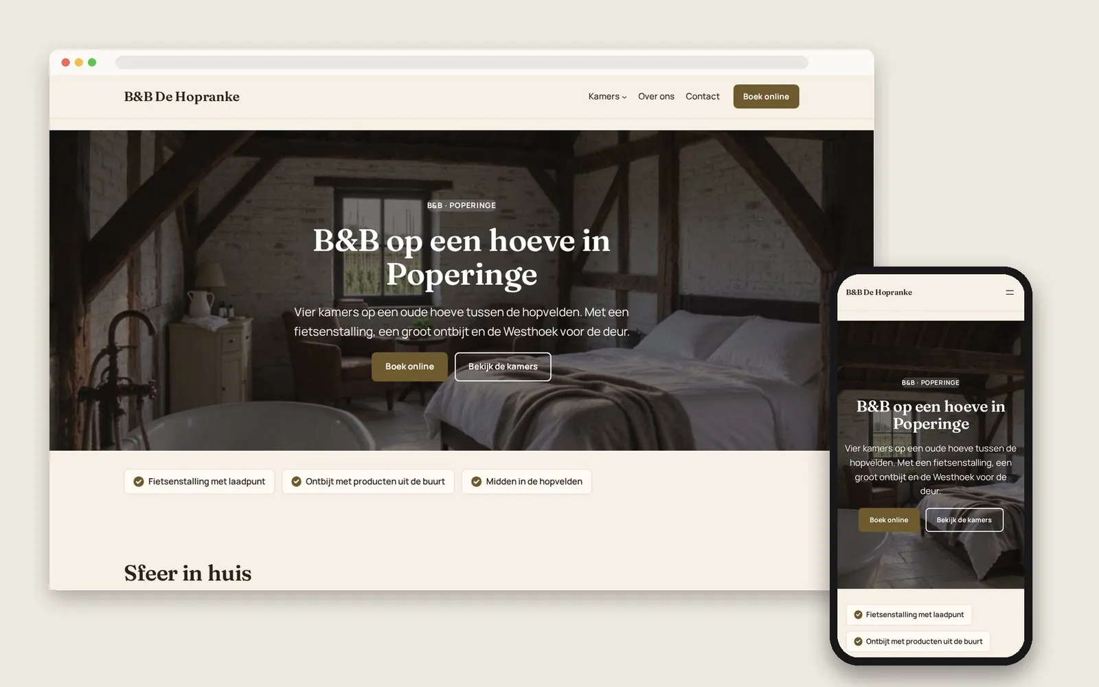 De website van B&B De Hopranke op computer en gsm
