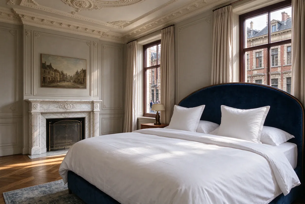 Gastenkamer met hoge plafonds en een marmeren schouw in een herenhuis
