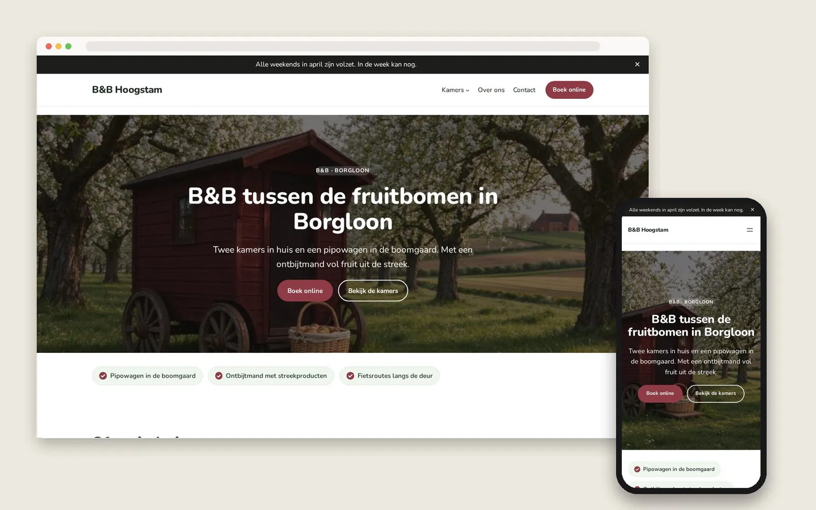 De website van B&B Hoogstam op computer en gsm