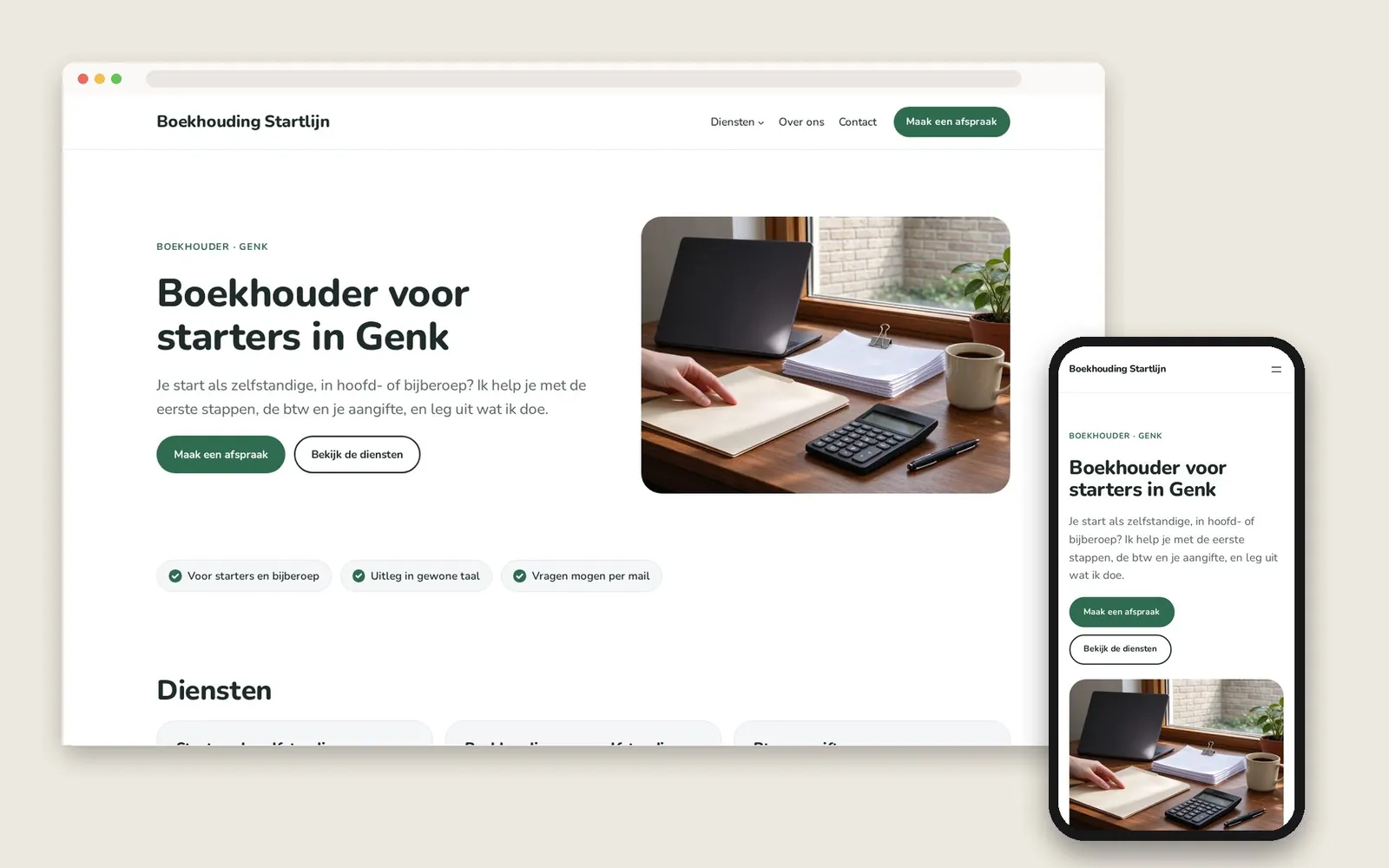 De website van Boekhouding Startlijn op computer en gsm