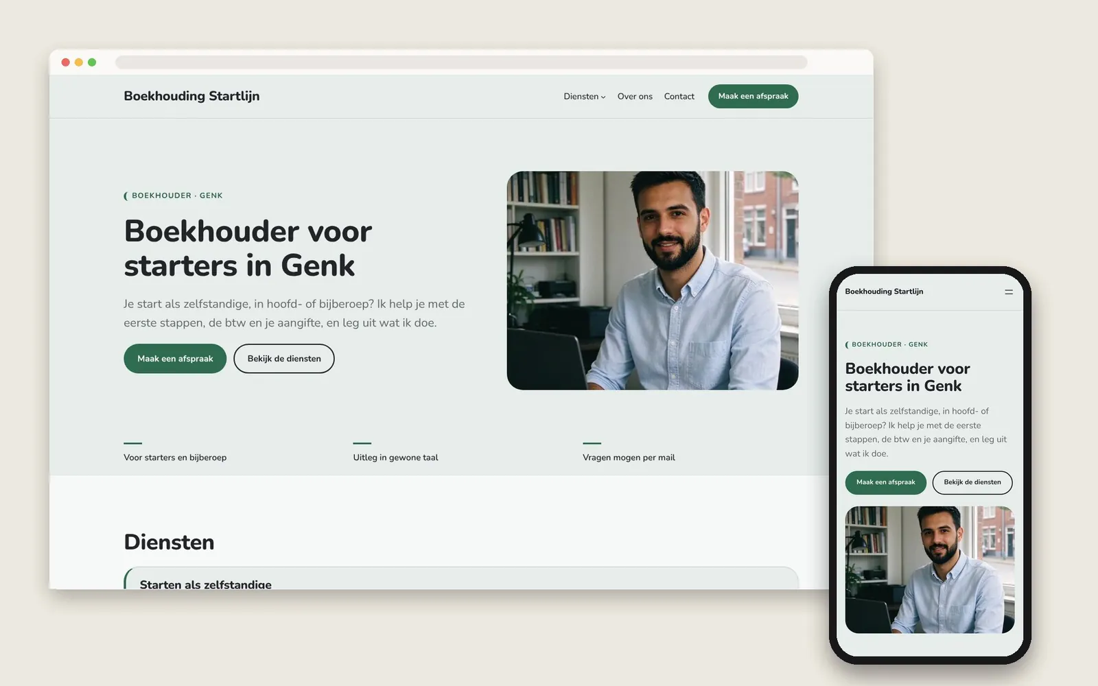 De website van Boekhouding Startlijn op computer en gsm