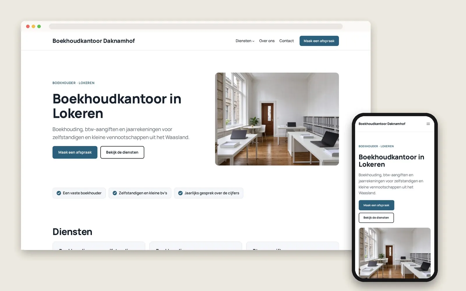 De website van Boekhoudkantoor Daknamhof op computer en gsm