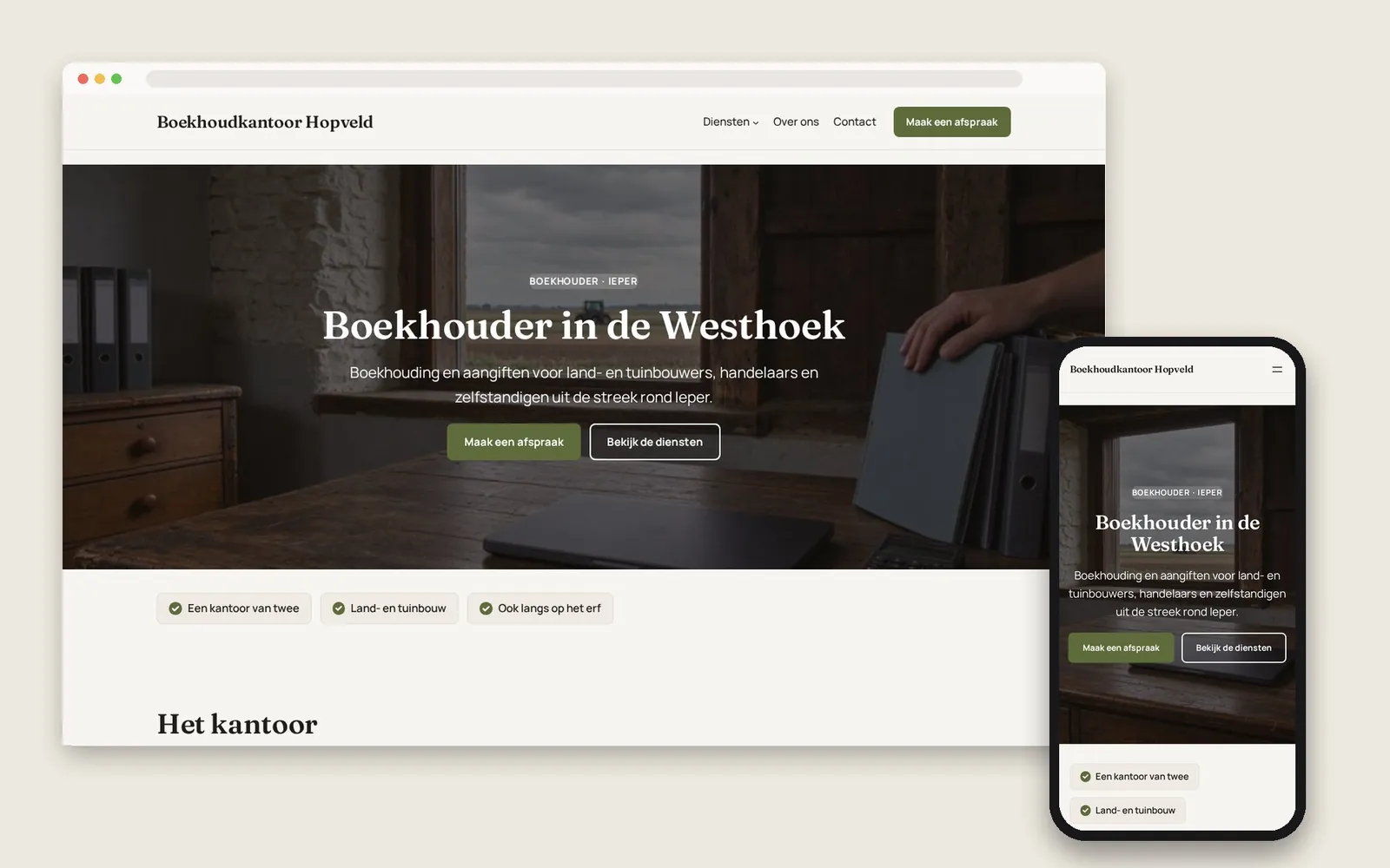 De website van Boekhoudkantoor Hopveld op computer en gsm