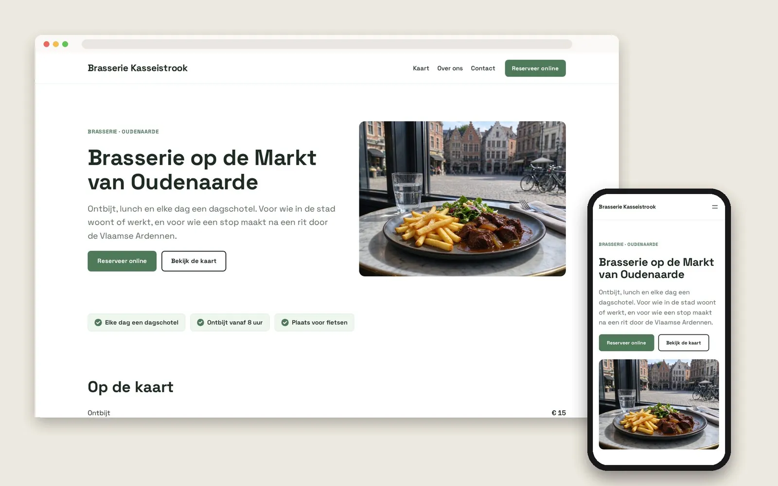 De website van Brasserie Kasseistrook op computer en gsm
