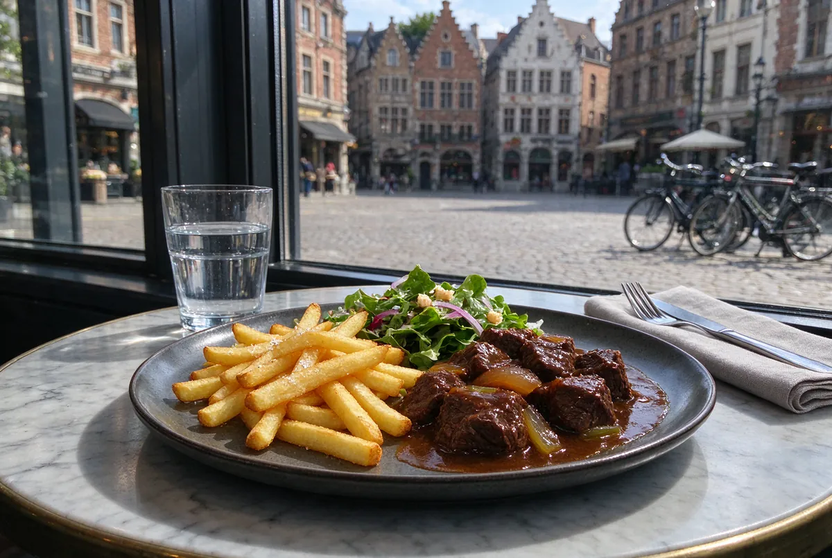 Dagschotel op een tafeltje aan het raam, met zicht op de Markt