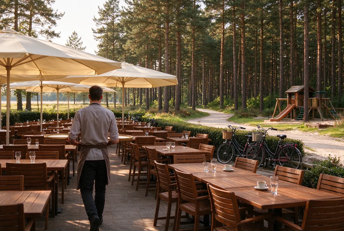 Groot terras van een brasserie aan de rand van een dennenbos