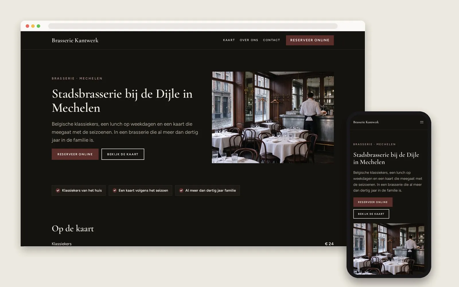 De website van Brasserie Kantwerk op computer en gsm