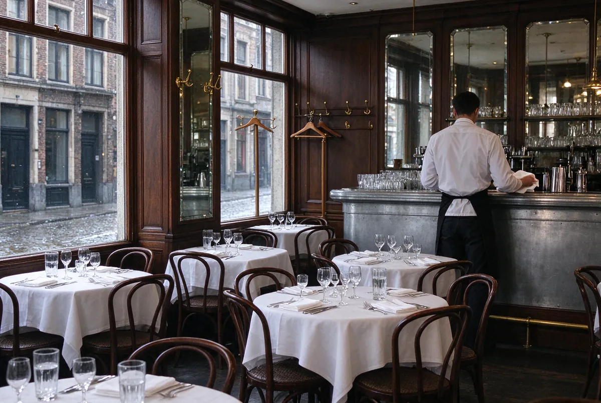 Zaal van een stadsbrasserie met houten lambrisering en spiegels