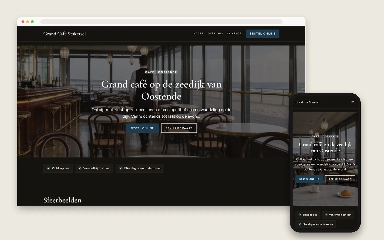 De website van Grand Café Staketsel op computer en gsm