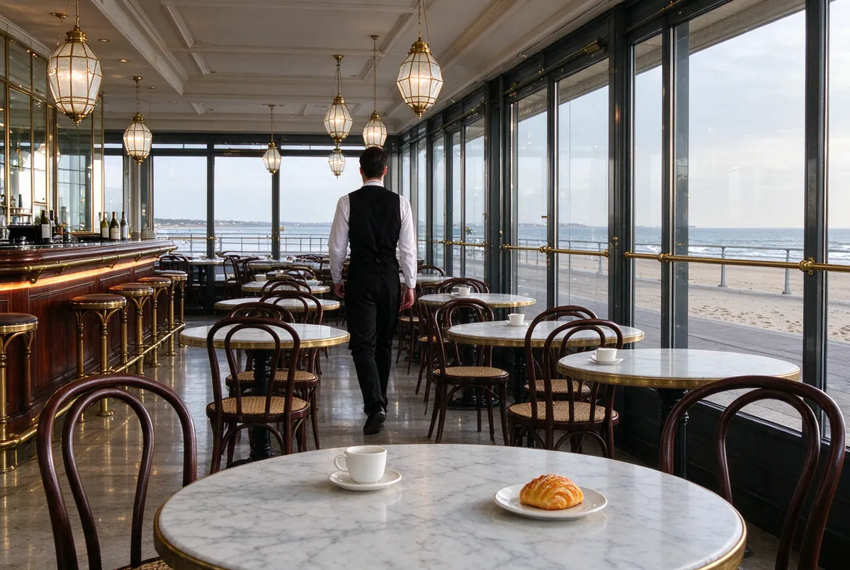 Grand café met marmeren tafels en grote ramen met zicht op zee