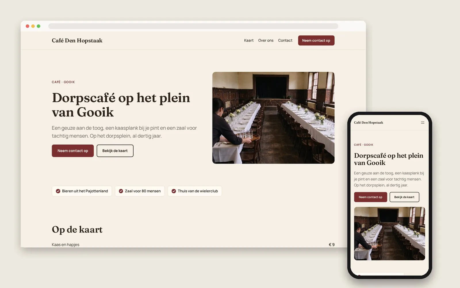 De website van Café Den Hopstaak op computer en gsm