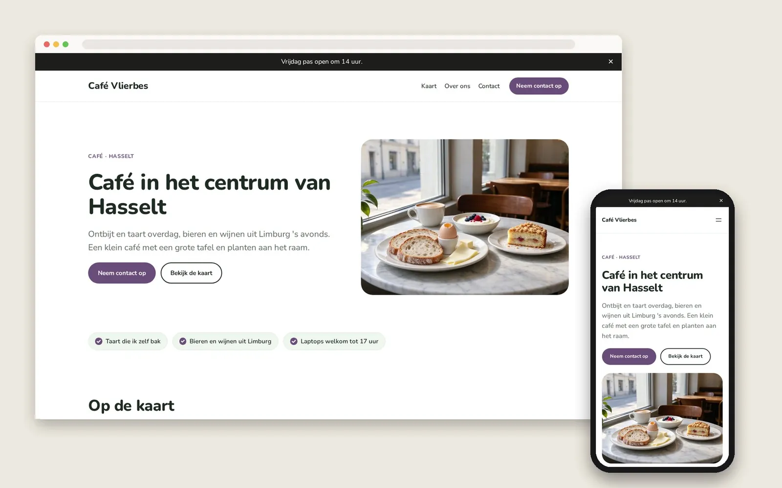 De website van Café Vlierbes op computer en gsm