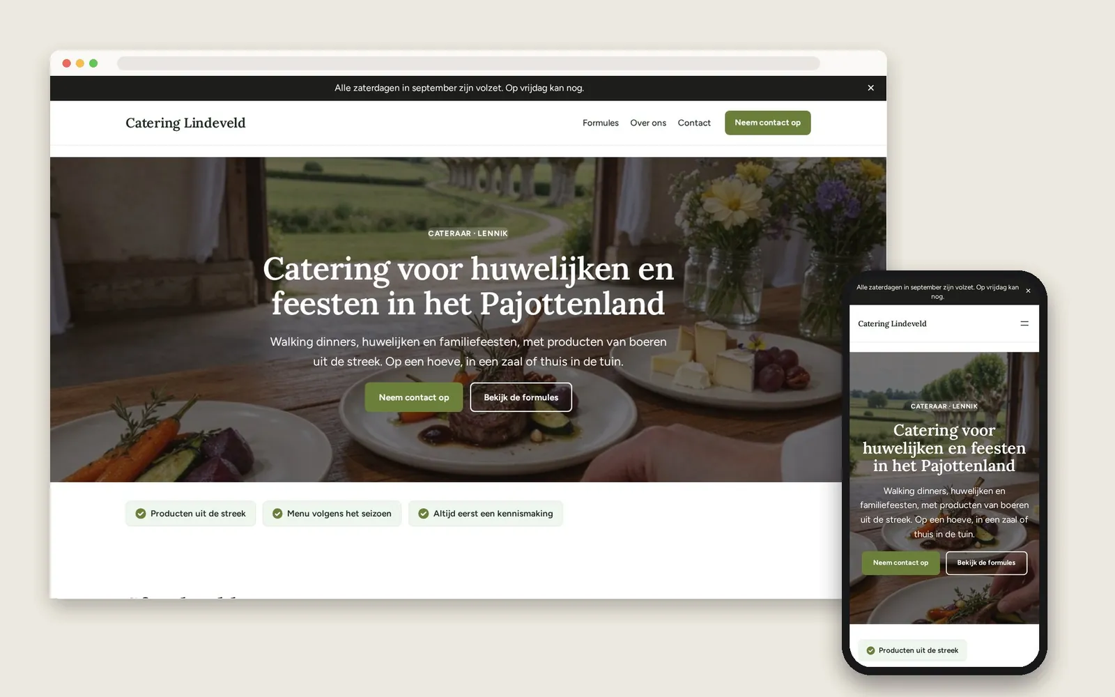 De website van Catering Lindeveld op computer en gsm