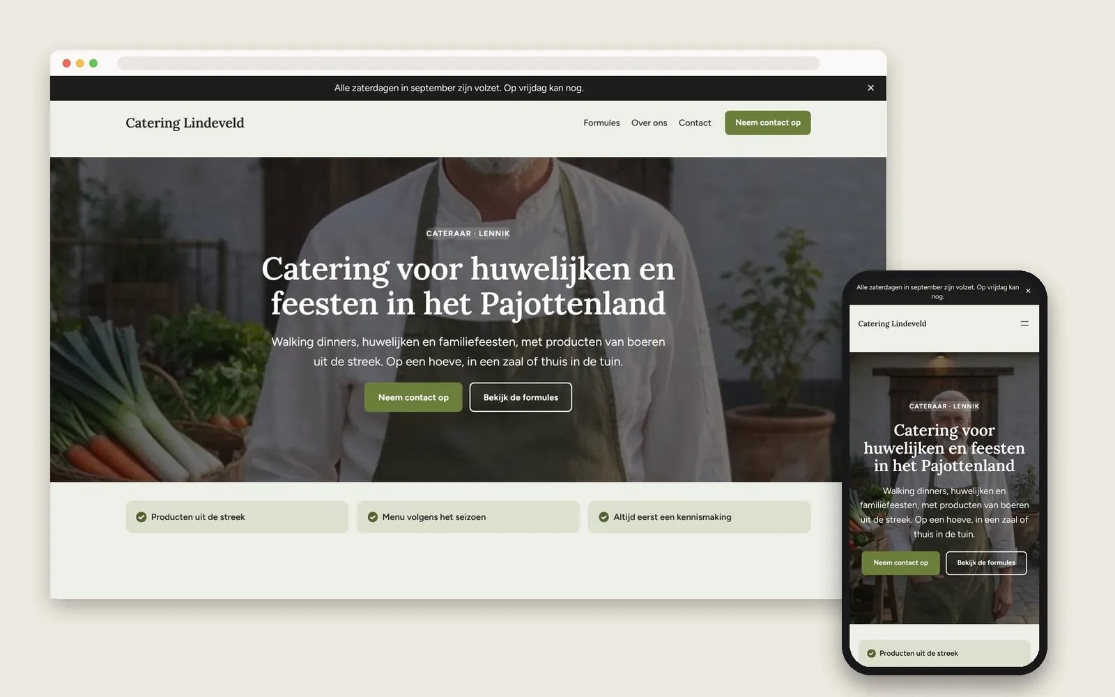 De website van Catering Lindeveld op computer en gsm