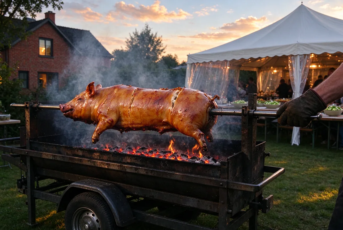 Varken aan het spit op een grill op een aanhangwagen, in een tuin