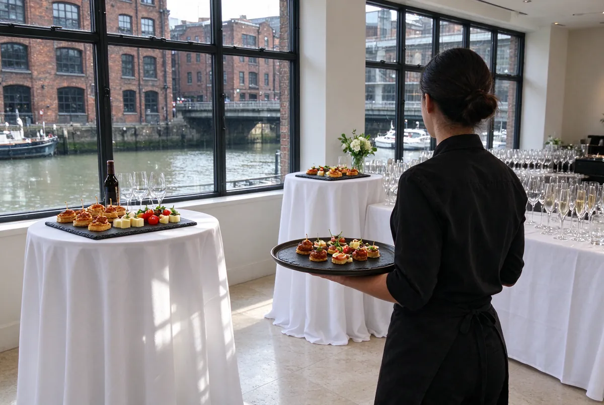 Receptie voor een bedrijf, met hapjes op statafels en zicht op een kanaal