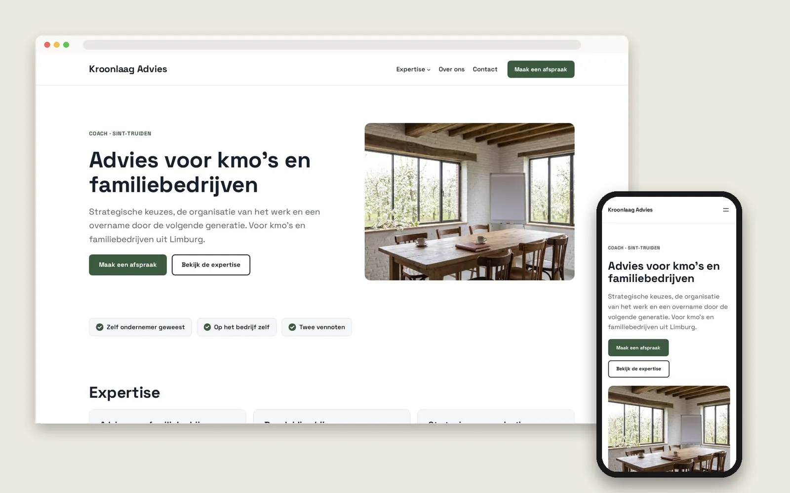 De website van Kroonlaag Advies op computer en gsm