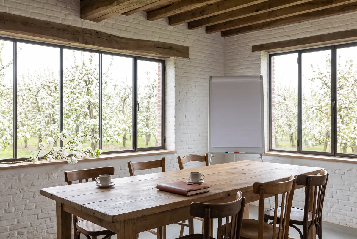 Vergadertafel in een omgebouwde hoeve met zicht op fruitbomen