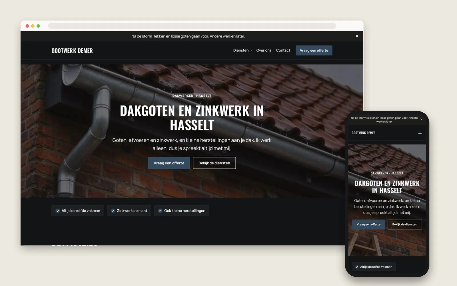 De website van Gootwerk Demer op computer en gsm