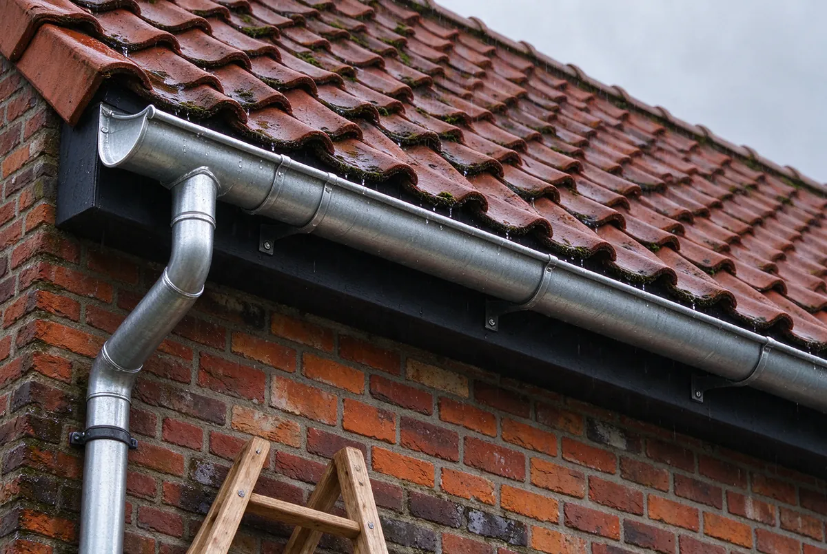Nieuwe zinken dakgoot aan een rijwoning in baksteen