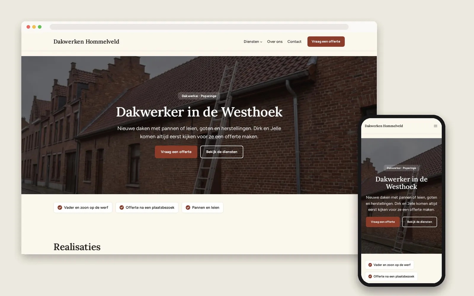 De website van Dakwerken Hommelveld op computer en gsm