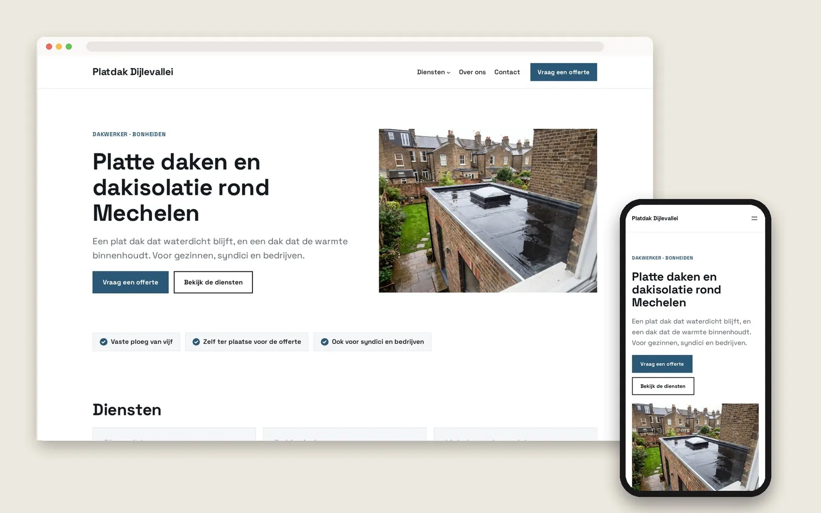 De website van Platdak Dijlevallei op computer en gsm