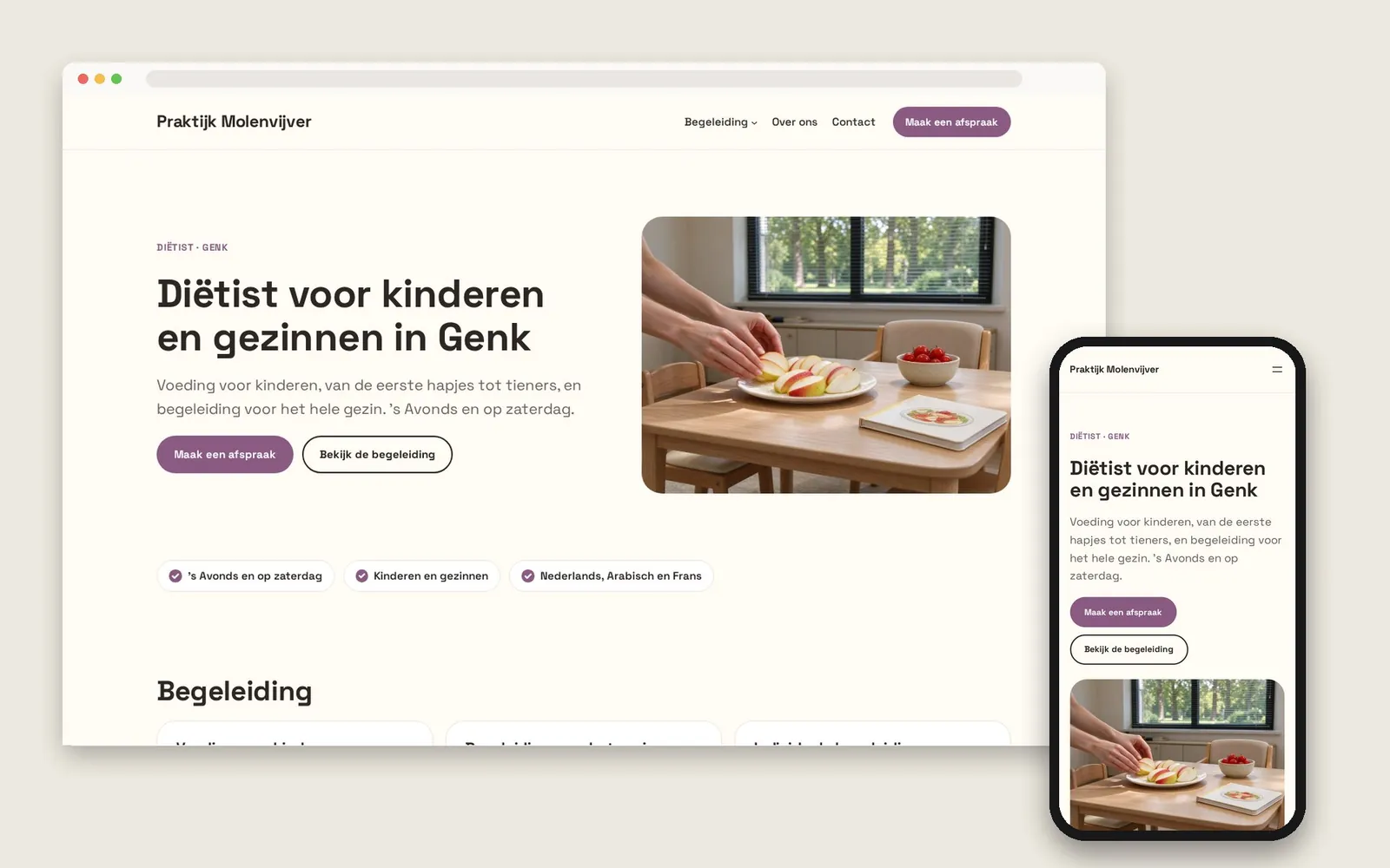 De website van Praktijk Molenvijver op computer en gsm