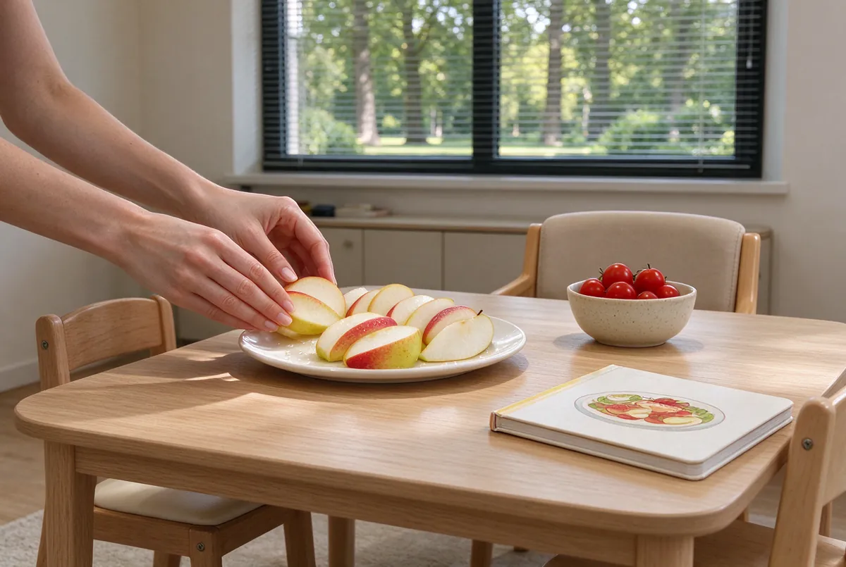 Lage tafel met fruit en een prentenboek over eten