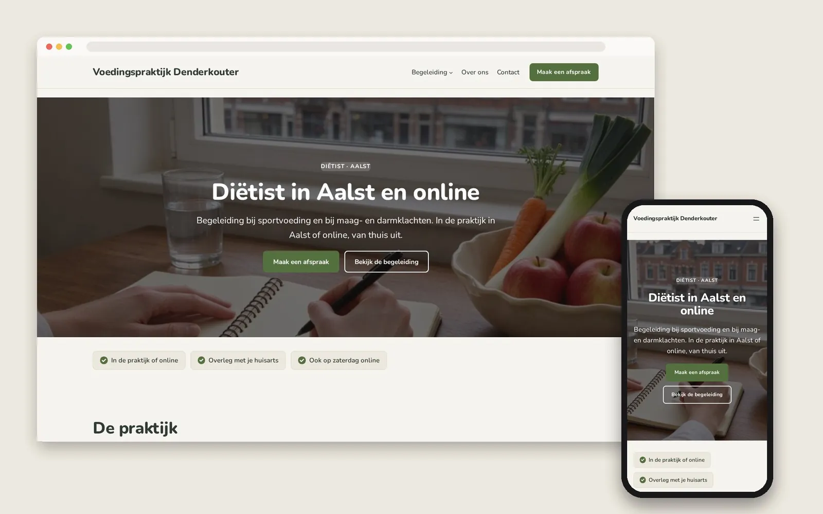 De website van Voedingspraktijk Denderkouter op computer en gsm